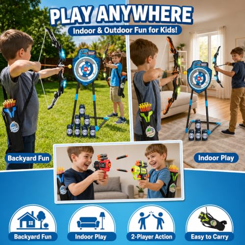 VROGTIK 2 Pack Kids LED Bow and Arrow Set with Standing Target, 20 Suction Cup Arrows, 2 Quivers & Foam Dart Toys, Indoor Outdoor Archery Toy Gift for Boys Girls Ages 3-12 - color: Blue/Green