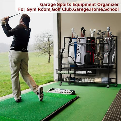 Golf Bag Storage Garage Organizer, Golf Bag Stand Fit for 4 Golf Bags, Golf Clubs, Golf Balls, Golf Equipment Accessories, Golf Bag Storage Rack with Wheels for Garage, Club, Shed, Basement - size: 57.5" L x 44.5" W x 15.7“ H