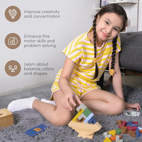 Tower Stack Game - 32PCS Wooden Balance Game with Building Blocks & Cards - Durable Tetra Tower Stacking for Kids & Adults - Fun 1+ Player Balance Stacking Games.