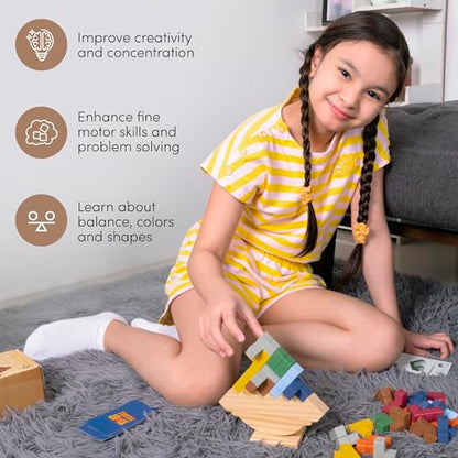 Tower Stack Game - 32PCS Wooden Balance Game with Building Blocks & Cards - Durable Tetra Tower Stacking for Kids & Adults - Fun 1+ Player Balance Stacking Games.