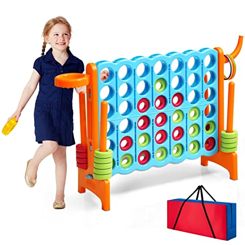 HONEY JOY Jumbo 4-to-Score Giant Game Set, 3-in-1 Indoor Outdoor Family Yard Game Set w/Basketball Hoop & Ring Toss, 42 Jumbo Rings, Quick-Release Slider, Giant 4-in-A-Row for Kids & Adults - color: Orange, style: With Carry Bag