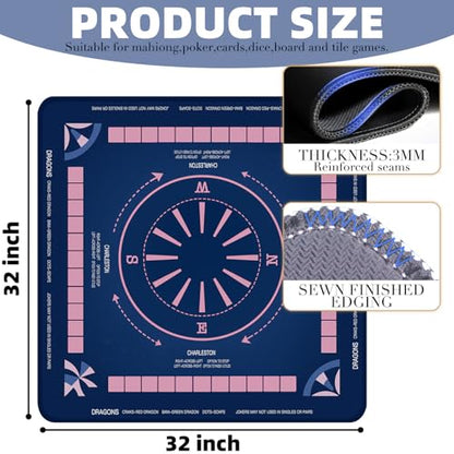 ARELUX Neoprene Mahjong Mat with Carrying Bag 32"x32" No Creases Rolled Shipping American Mahjong Mat with Charles Rules Anti-Slip & Noise Reduction Table Cover for Poker, Card & Board Game(Blue) - color: Blue