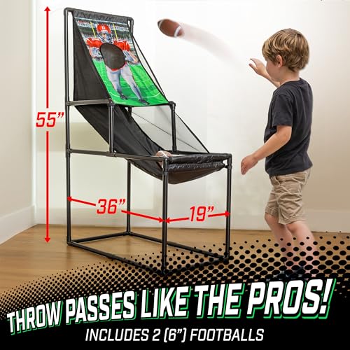 GoSports 2 in 1 Basketball and Football Toss Arcade Game for Kids Ages 3 to 8 Indoor and Outdoor Sports Toy with Hoop, Target, Balls & Pump for Backyard and Playroom Fun