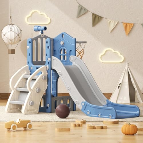 YUFU 5 in 1 Toddler Slide, Kids Slide with Climber, Basketball Hoop and Ball, Outdoor Indoor Playset for Toddlers Age 1-3 (Blue+Gray) - color: Blue+gray