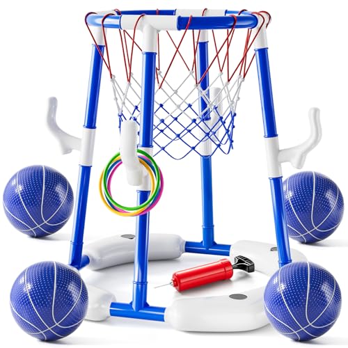 2-in-1 Pool Basketball Hoop & Ring Games with 4 Balls 12 Rings and Pump, Summer Water Outdoor Party Swimming Pool Toys Games for Kids Ages 4-8 8-12 Adult, Family Water Party Birthday Games Toys - style: 2-in-1 Pool Basketball Hoop（Blue）