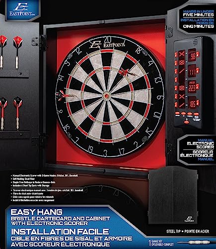 EastPoint Tournament Bristle Dartboard - 18-Inch, Red/Black - Self-Healing Sisal & Steel Tip Darts - Deluxe LED Scoring System for Electronic Dart Board - Easy-Mount Cabinet for Game Room Decor