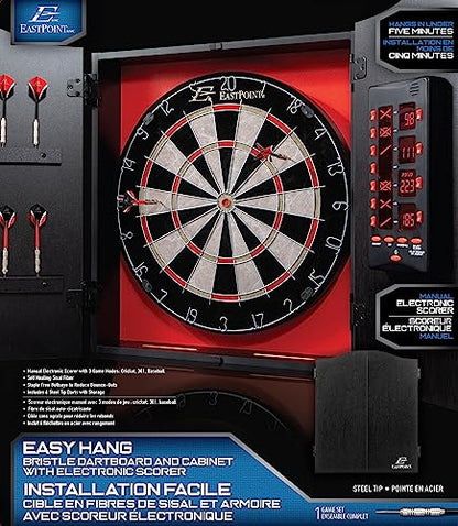 EastPoint Tournament Bristle Dartboard - 18-Inch, Red/Black - Self-Healing Sisal & Steel Tip Darts - Deluxe LED Scoring System for Electronic Dart Board - Easy-Mount Cabinet for Game Room Decor