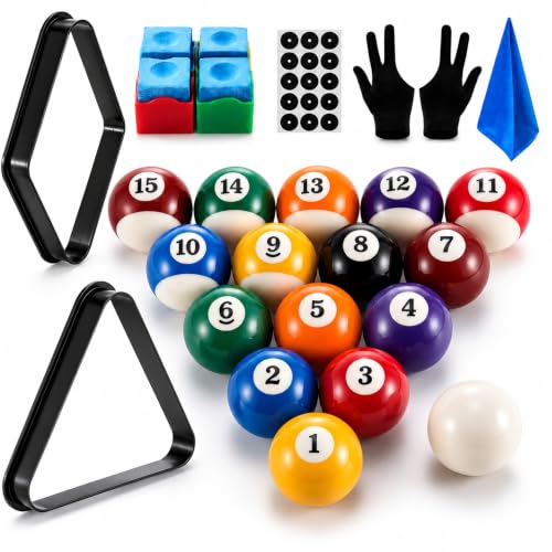 Outus Pool Table Ball Set with Accessories, 16 Billiard Balls 2-1/4" Regulation Set with Triangle & Diamond Rack, Chalk, Gloves & Towel, Spot Stickers, Starter Kit for Game Room & Bar - style: Standard Style