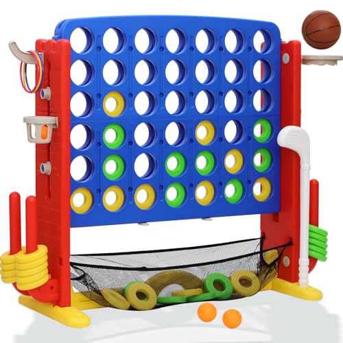 Giant 4 in A Row Game, Height Adjust Jumbo Yard Game Set for Kids & Adults with Mesh Catching Bag, Golf, Basketball Hoop & Ring Toss, 4-to-Score Connect Games for Indoor/Outdoor Fun - color: Blue Red