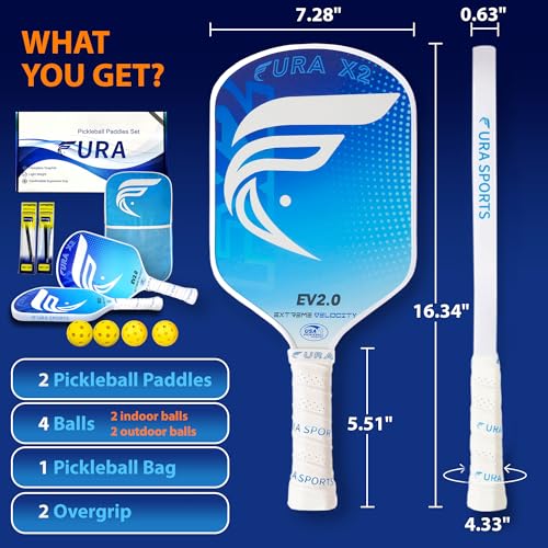FURA Pickleball Paddle Set of 2 – USAPA Approved Lightweight Graphite Pickleball Rackets with 16mm Honeycomb Core & MaxGrit Spin Surface for Superior Spin & Control – Includes Bag, Balls & Grips