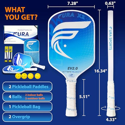 FURA Pickleball Paddle Set of 2 – USAPA Approved Lightweight Graphite Pickleball Rackets with 16mm Honeycomb Core & MaxGrit Spin Surface for Superior Spin & Control – Includes Bag, Balls & Grips