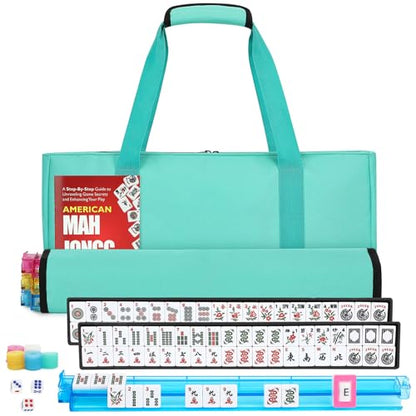American Mahjong Tile Set,166 White Tiles Mahjong Set,4 Colors Mahjong Racks,Travel Mahjong Set with Green Carrying Bag - style: Green Bag