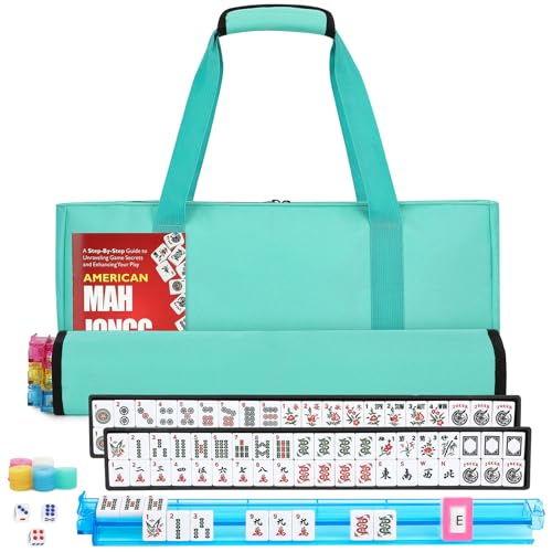American Mahjong Tile Set,166 White Tiles Mahjong Set,4 Colors Mahjong Racks,Travel Mahjong Set with Green Carrying Bag - style: Green Bag