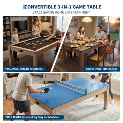 Garvee 7FT 3 in 1 Pool Table with Dining & Table Tennis Top, Multi-Game Table with Accessories (Balls, Cues, Ping Pong),Convertible Billiards and Table Tennis,HDF Wood Grain Finish & Chrome Accents - color: Black