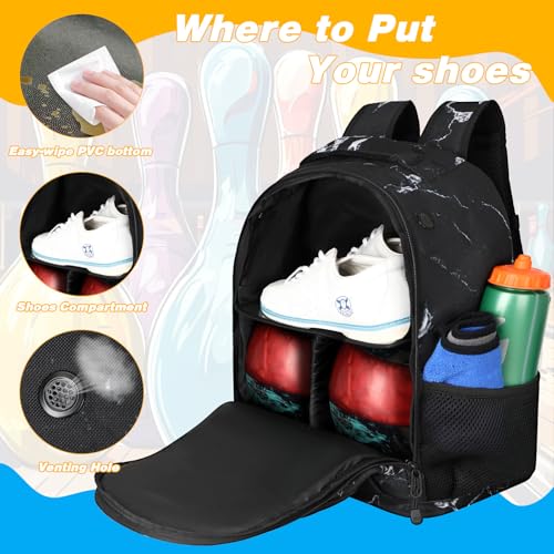 Goloni 2 Ball Bowling Backpack,Bowling Ball Bag with Shoe Compartment & Portective Foam Padded, Fits Shoes Up to US Size 16 - color: Crack Black