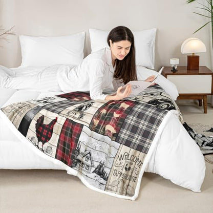 Rustic Farm Animal Fleece Bed Blanket Queen 90"X90" Retro Buffalo Plaid Farmhouse Cabin Throw Blanket Country Sheep Chicken Cow Print Sherpa Blanket,Grid Windmill Flannel Blanket Red Black Grey - color: Pattern 16, size: Queen(90"x90")