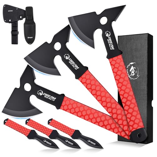 Dream Reach Throwing Axe Set - 6PCS Full Tang Throwing Hatchet with TPR Rubber Sleeve and Protective Sheaths for Recreation and Competition Game - color: Red Set of 6