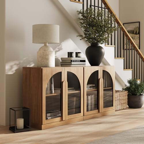 BELLEZE 2 Tier Bookshelf with Arched Glass Door, Set of 2 Modern Display Bookcase Shelf with Storage and Adjustable Shelves, 63" Wood Bookshelves for Living Room Office Entryway (Camel) - color: Bijou Camel a, size: 2