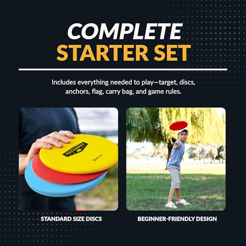 Hathaway 6-Player Disc Golf Set for Family – Frisbee Golf Basket with Weighted Discs, Sturdy Pole & Base, Chains, Anchors, Flag, Carry Bag – Complete Frisbee Golf Discs Set
