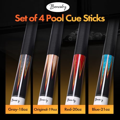58" Pool Cue Sticks Set of 4, Maple Shaft 13mm Tip, Decals Pattern Butt with Nylon Wrap