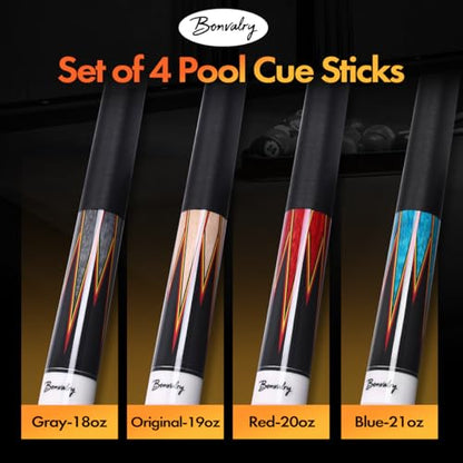 58" Pool Cue Sticks Set of 4, Maple Shaft 13mm Tip, Decals Pattern Butt with Nylon Wrap