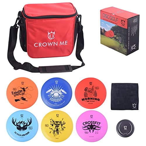 CROWN ME Disc Golf Starter Set,Disc Golf Set with 6 Discs, 1 Marker,1 Towel and Starter Disc Golf Bag Fairway Driver - color: Red