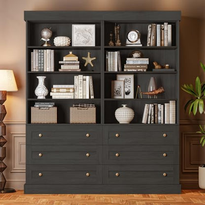 Vyre 71" Tall Farmhouse Bookshelves with Glass Doors and Drawers, Set of 2 – Large Modular Bookcase with Adjustable Shelves, Storage Cabinet for Living Room, Kitchen, Black - color: Black