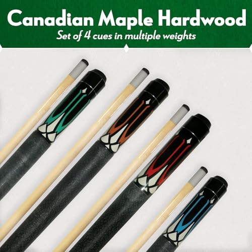 Pool Stick Set of 4. 2-Piece Cue Sticks Made from Hardwood Canadian Maple Wood in 4 Billiards Accessories