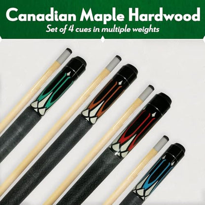 Pool Stick Set of 4. 2-Piece Cue Sticks Made from Hardwood Canadian Maple Wood in 4 Billiards Accessories