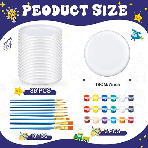 Tenceur 36 Pcs DIY Plastic Flying Disks Bulk 7 Inch Color Your Own White Flying Disc with 10 Paintbrushes and 3 Paints for Party Favors and Crafts Fun Home Activities Games - color: White