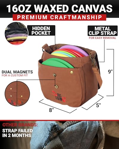 Disc Golf Bag | Frisbee Golf Bag | Easy to Carry | Lightweight Fits Up to 10 Discs | 16 oz Waxed Canvas Sturdy Design | Belt Loop | Double Button Design | Bottle Holder - style: Waxed Canvas - Brown
