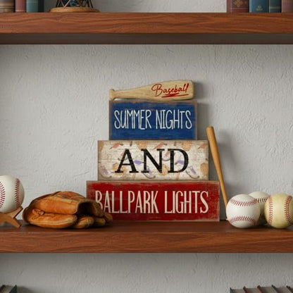 Lineshading 4 Pcs Baseball Decorations Stacked Wooden Blocks Signs with Bat Topper, Summer Nights Ballpark Lights Decor - Baseball Table Decor Ideal Gift for Fans Boys Room Party Coffee Shelf - style: Summer Nights and Ballpark Lights