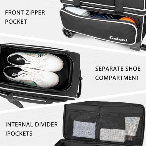 Goloni Double Roller 2 Ball Bowling Bag with Separate Shoe Compartment,2 Ball Bowling Bag with Wheels,Retractable Handle Extends to 40" - color: Black/white