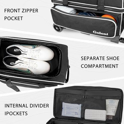 Goloni Double Roller 2 Ball Bowling Bag with Separate Shoe Compartment,2 Ball Bowling Bag with Wheels,Retractable Handle Extends to 40" - color: Black/white
