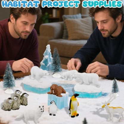 Warmtree 46-Piece Arctic Animals Figurine Set Includes 22 Polar Bear and Penguin Figurines, 6 Mini Pine Trees, 18 Icebergs Snow, Ripple Water Stickers, and Ocean Habitat Diorama Supplies