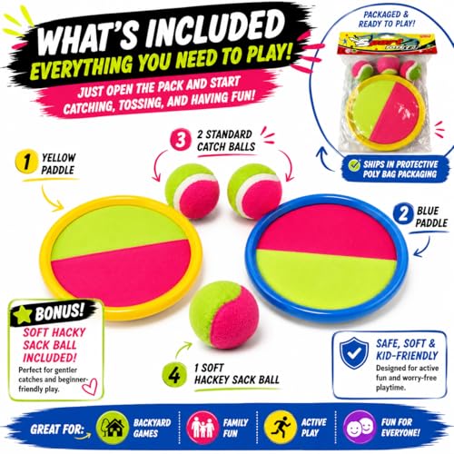 Liberty Imports Toss and Catch Game Set for Kids, 2 Self Stick Paddles, 2 Catch Balls & Bonus Soft Bean Bag Ball, Outdoor Beach Toys, Backyard Games, Family Lawn Game for Boys and Girls