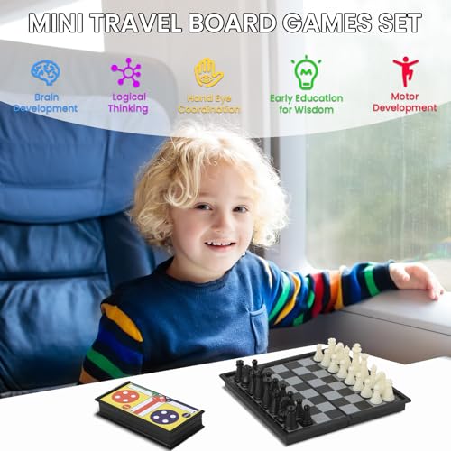 5 in 1 Mini Travel Games Set with 4 Foldable Chess Boards and 5 Sets of Chess Pieces - Magnetic Checkers, Chess,Ludo, Reversi, 4 in a Row Game & Storage Bag, Mini Games for Road Trip, Camping,Party