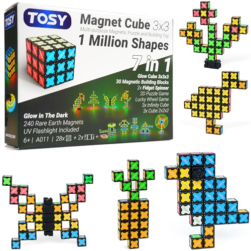 TOSY Magnet Cube 3x3 - 240 Magnets, 30 Blocks, 7in1 Toy: Puzzle Cube Game, Creative Building Blocks, Transformable Fidget Spinner, Infinity Cube, Magnet Tiles, UV Flashlight, Glowing STEM/STEAM Toy - color: Cube 3x3x3