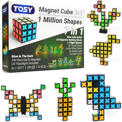 TOSY Magnet Cube 3x3 - 240 Magnets, 30 Blocks, 7in1 Toy: Puzzle Cube Game, Creative Building Blocks, Transformable Fidget Spinner, Infinity Cube, Magnet Tiles, UV Flashlight, Glowing STEM/STEAM Toy - color: Cube 3x3x3