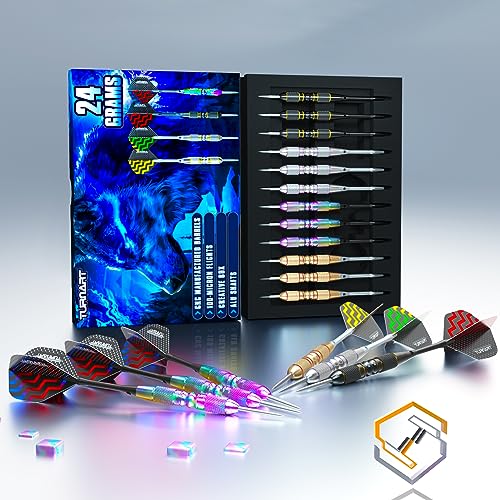 Turnart Darts Metal Tip Set - Steel Tip Darts Darts Set Professional Metal Darts 12 pcs 22/24 Grams Pro Dart Set with Stylish Case Aluminum Shafts Extra 9 Flights - color: Black