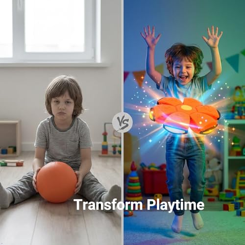 2 Pack Magic Transforming Pop-Up Ball with 6 LED Lights, 2-in-1 Flying Disc and Bouncy Ball Toy, Glow in the Dark Outdoor Game, Light Up Toss and Catch Sports Toy for Kids, Party & Birthday Favors
