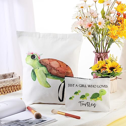 Sieral 2 Pcs Animal Lover Bag Gift for Women Travel Canvas Tote Portable Zipper Pouch Canvas Reusable Grocery Tote - style: Turtle