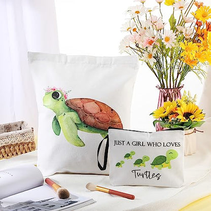 Sieral 2 Pcs Animal Lover Bag Gift for Women Travel Canvas Tote Portable Zipper Pouch Canvas Reusable Grocery Tote - style: Turtle