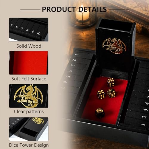 Shut the Box Dice Board Game Wooden for 2 Players,Close the Box Game with 4 Dice,Dice Tower and Manual, Classic Family Board Game for Game Night (2-Players)