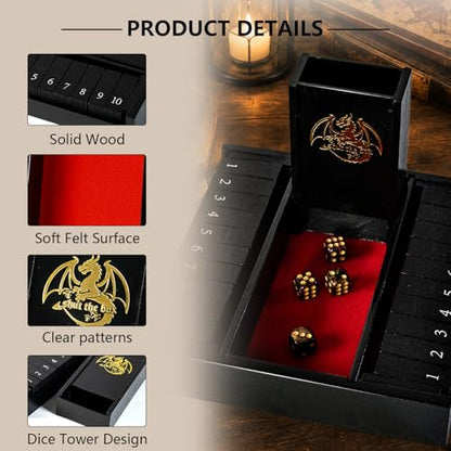 Shut the Box Dice Board Game Wooden for 2 Players,Close the Box Game with 4 Dice,Dice Tower and Manual, Classic Family Board Game for Game Night (2-Players)