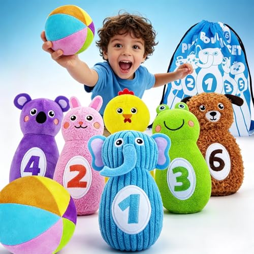 teytoy Baby Bowling Set for Toddlers 1-3, Bowling Games for Kids Indoor with 6 Pins and Storage Bag, Animal Themed Sensory Toys with Rattle & Number, Easter Christmas Birthday Gift