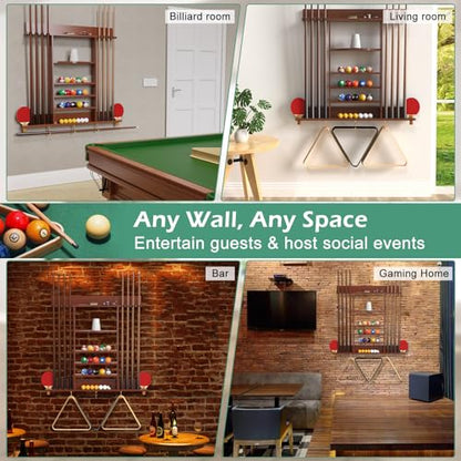 Pool Cue Rack 8 Pool Stick Holder Wall Mount 2-in-1 Pool Stick & Ping Pong Paddle Holder Billiard Cue Rack Solid Wood Billiard Table Accessories for Billiard Room, Game Room (Classic Burgundy)