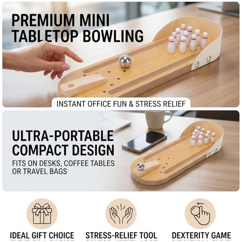 Naroote Mini Bowling Game Set Wooden Tabletop Bowling Alley Portable Desk Toy with Compact Design for Adults Teens Kids Gifts Stress Relief
