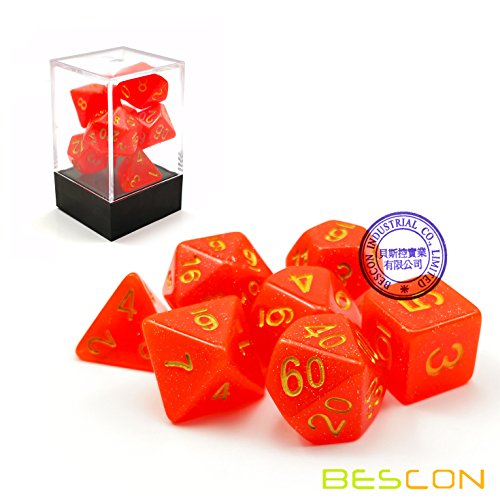 Bescon Intensive Glitter DND Dice 7pcs Set Royal RED, New Glitter RPG Dice Set d4 d6 d8 d10 d12 d20 d%, Brick Box Packaging - color: Royal Red Set
