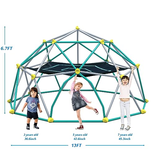 Merax 13FT Climbing Dome with Hammock, Outdoor Geometric Dome Climber Play Center for Kids 3-10 Supporting 1000 lbs, Easy Assembly Jungle Gym - style: 13FT Green & Silver